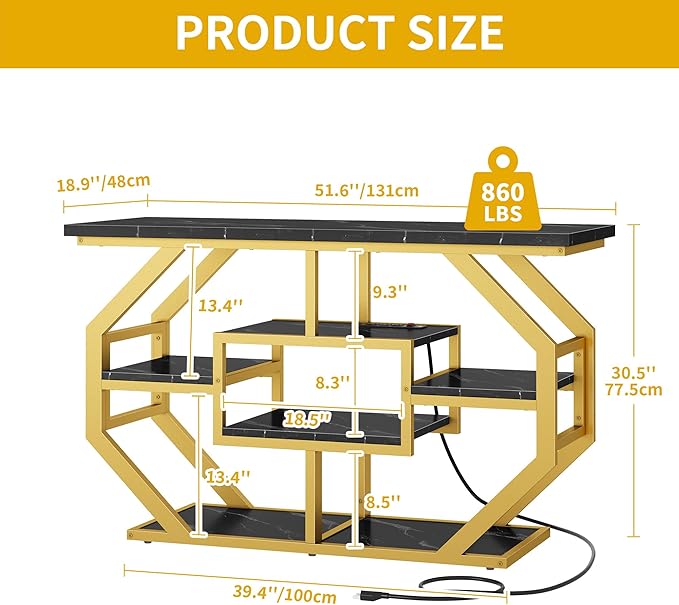 DWVO 55-75 Gallon Aquarium Stand with Power Outlet, Display Stand for Turtle Tank, Reptile Terrarium, Metal Fish Tank Stand Suitable for Living Room, Entryway, 860LBS Capacity, Black & Gold DWVO