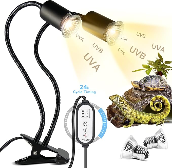 Reptile Heat Lamp, Double-Head Heat Lamp with Clamp, UVA UVB Reptile Light with Intelligent Cycle Timer for Turtle, Bearded Dragon, Lizard and More, 2 Bulbs 25W+50W TFNN