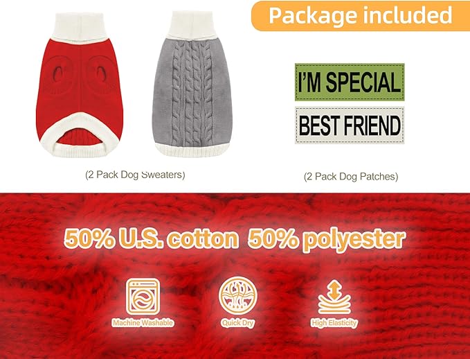 2 Pack Dog Christmas Sweaters for Small Dogs - Puppy Medium Warm Clothes Winter, Turtleneck Pullover Design for Male Boy Girl Pet, Doggie, Cat, Kitten Chihuahua Bulldog (S, Xmas Red, Grey) - PAWPICO