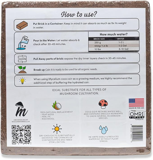Mycelium Organic Coco Coir Brick 10lbs - Ideal for Mushroom Cultivation Mushroom Substrate - OMRI Certified, Expands with Water, Eco-Friendly Soil Alternative Mycelium