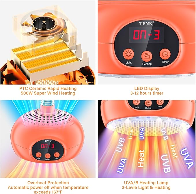 Chicken Coop Heater Lamps,200W-350W-500W Reptile Heating Lamp Upgraded with UVA UVB Ligh 3-6-9-12H Timer,Protable Greenhouse Heater for Outdoor Chicken Coop for Reptile Rabbits Dog Cats (Orange) TFNN