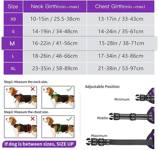 Timos Dog Harness Medium Sized, No Pull Dog Harness with Neck Lockable Snap,No Choke Front Clip Dog Reflective Harness,Adjustable Metal Rings 3 Buckles,Easy Control Handle for Medium Dogs Purple M Timos