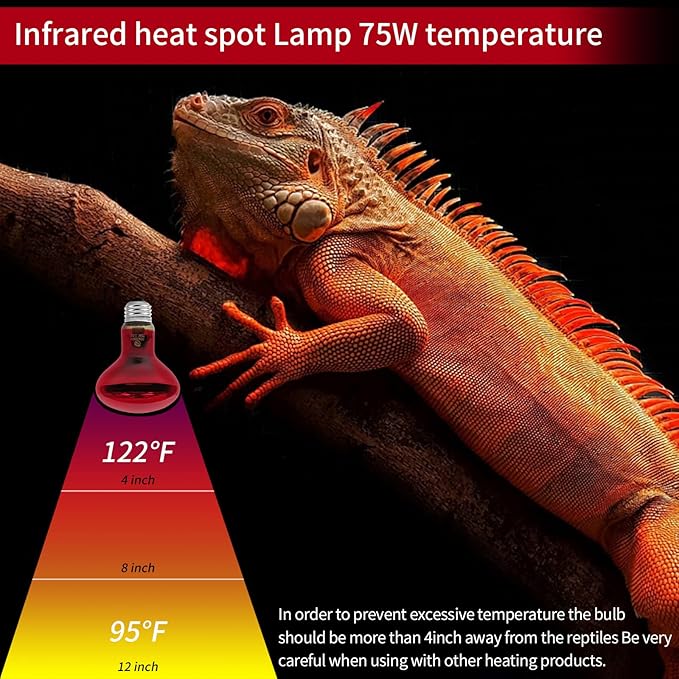 Reptile Heat Lamp Bulbs, Infrared 75W Reptiles & Amphibians Basking Spot Lamp Bulb-2 PCS, Red Heat Emitter Light for Chickens Coop REPTIHOME