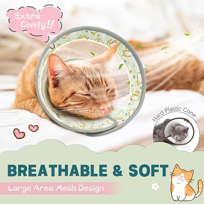 Cat Cone, Breathable Cat Cone Collar Soft, Adjustable Cat Cone to Stop Licking, Water Resistant Neck Cone for Cats with Air Mesh, Protective Cat Recovery E Collar for Cat Kitten(Green Cat,S GoGoPaw