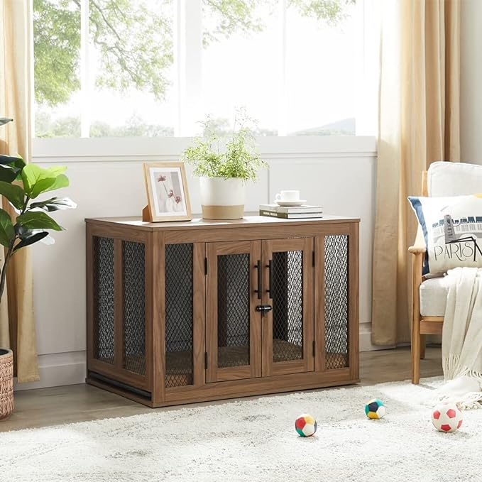 unipaws Furniture Dog Crate with Tray for Medium Dogs, Indoor Aesthetic Puppy Kennel Pet House Dog Cage with Door, Modern Decorative Wood Pretty Cute Fancy End Side Table Nightstand, Walmut - PAWPICO