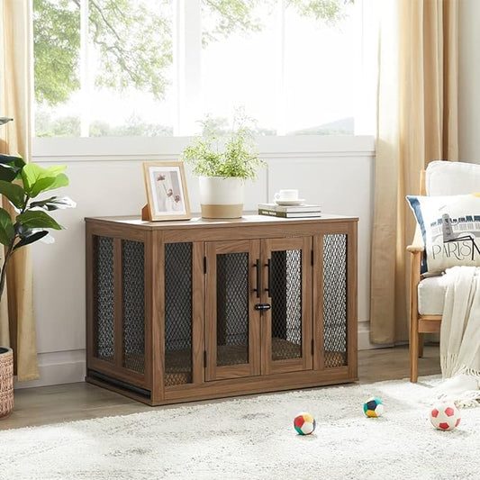 unipaws Furniture Dog Crate with Tray for Medium Dogs, Indoor Aesthetic Puppy Kennel Pet House Dog Cage with Door, Modern Decorative Wood Pretty Cute Fancy End Side Table Nightstand, Walmut - PAWPICO