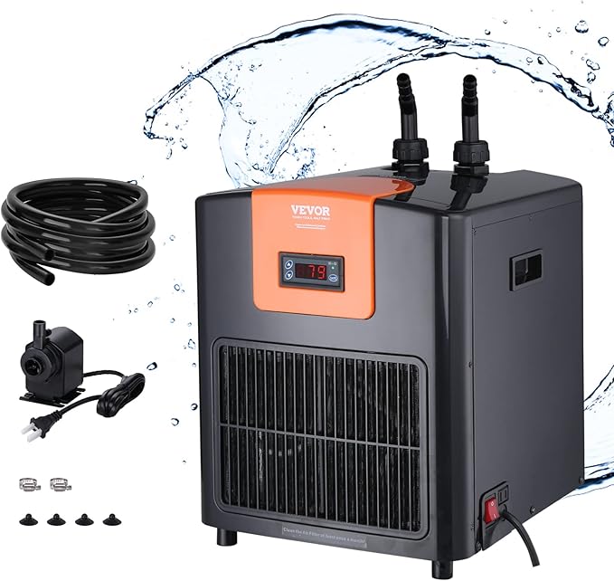 VEVOR Aquarium Chiller, 92 Gal 348 L, 1/4 HP Hydroponic Water Chiller, Quiet Refrigeration Compressor for Seawater and Fresh Water, Fish Tank Cooling System with Pump/Hose, for Jellyfish, Coral Reef VEVOR