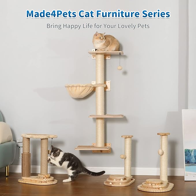 Made4Pets Cat Scratching Post, Cat Self Groomer for Indoor Cats, Cloud Soft Perch for Rest, 17.5" Tall Natural Sisal Scratcher Cat Grooming Interactive Ball Track Toys for Small Cats Kittens - PAWPICO