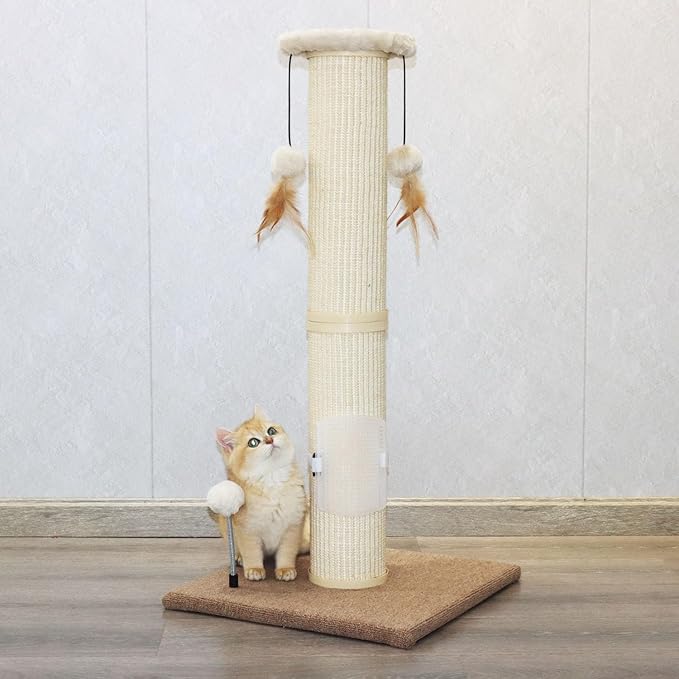 PAWSFANS Cat Scratching Post,34" Tall Large Sisal Woven Scratch Posts for Cats,with Hanging Ball Toy and Self-Massage Brush,Vertical Scratcher,5 Inches Diameter,Beige - PAWPICO