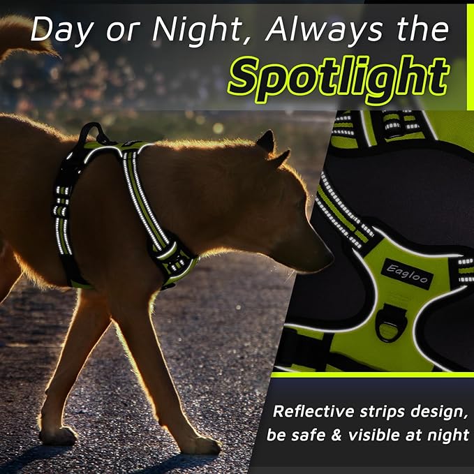 Eagloo Dog Harness for Large Dogs, No Pull Service Vest with Reflective Strips and Control Handle, Adjustable and Comfortable for Easy Walking, No Choke Pet Harness with 2 Metal Rings, Green, L GoExplorewithEagloo