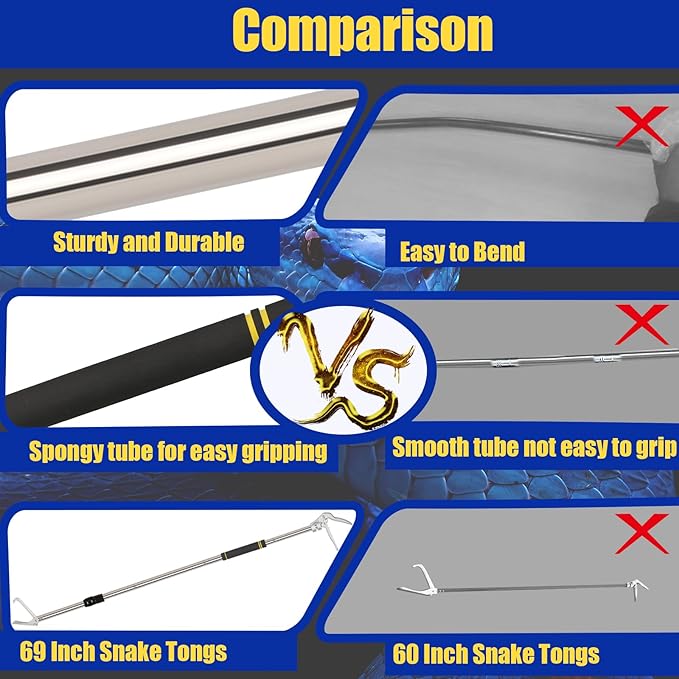 68" Snake Grabber Tool, Snake Tongs for Rattlesnake Reptile Tongs Long Reach Grabber Heavy Duty and Made of Stainless Steel Tube Sponge Handle (68inch (Black)) Greeily