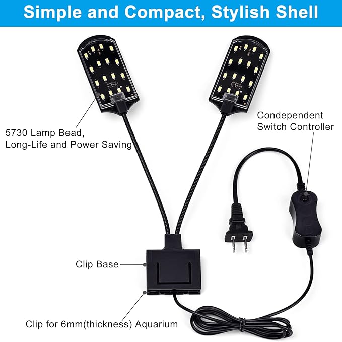 WEAVERBIRD Double Head Aquarium Fish Tank Light 15W 32 LED Aquarium Planted Clip Lamp 1600LM White LED Lighting for 8-15 Inch Fish Tank WEAVERBIRD