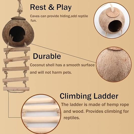 Crested Gecko Tank Accessories, Reptile Hammock and Vines Plants, Coco Hut Coconut Shell with Ladder Hideout Cave Habitat Decor for Lizard Leopard Gecko Tortoise Amphibians Hermit Crab BUYNOW