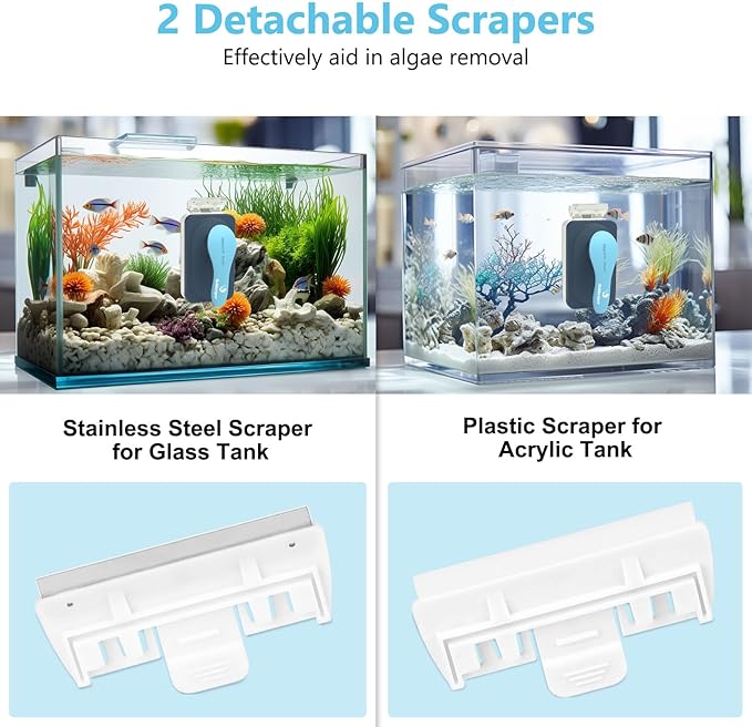 Aquarium Magnetic Glass Cleaner, Fish Tank Algae Magnet Cleaning Tool with Algae Scraper for Glass Aquariums Tank, Floating Scrubber Brush, 2 Detachable Scrapers, Small fishkeeper