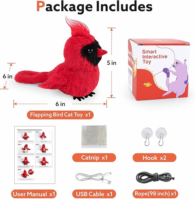Flapping Cardinal Cat Toys, Interactive Cat Exercise Toy with Lifelike Bird Chirp, USB Rechargeable Automatic Cat Kicker Catnip Toys for Bored Indoor Adult Cats Kittens - PAWPICO