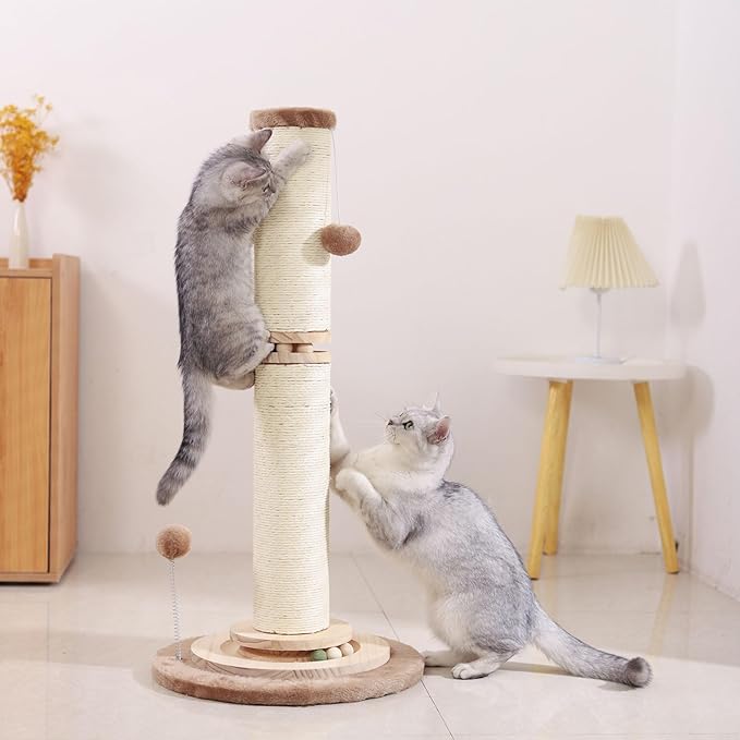 OTOB 32" Tall Cat Scratching Post, 4.3Inch Large Diameter Natural Sisal Rope Scratcher Post for Indoor Large Cats Kittens, 5-in-1 Interactive Turntable Cat Scratch Post (Brown, B-33Inch) - PAWPICO
