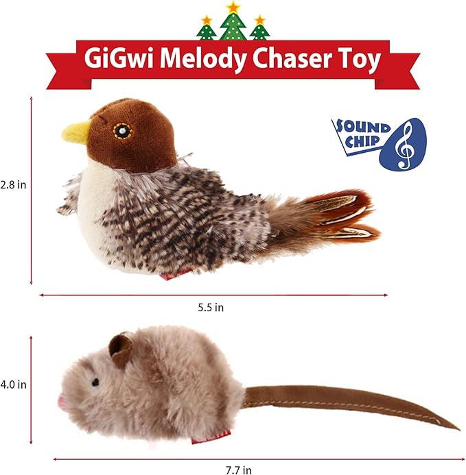 Gigwi Chirping Bird Cat Toy Set, Interactive Chasing Toy for Indoor Cat, Motion Activated Kitten Play Toy, Squeaky Cat Animal Feather Toy for All Breeds Cat Kicker - PAWPICO
