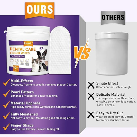 Teeth Cleaning Wipes for Dogs & Cats, Dental Care Finger Wipes, Remove Plaque, Tartar & Bad Breath, Disposable Gentle Cleaning & Gum Care Pet Wipes, No-Rinse Dog Finger Toothbrush, 50 Counts Pjordo