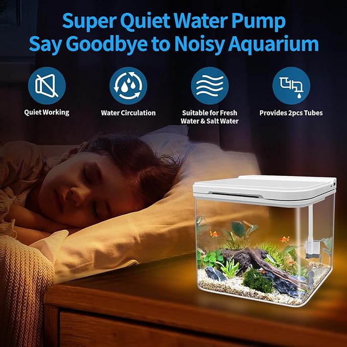 Small Fish Tank Kit 1.8 Gallon, Aquarium Starter Kit with Super-Quiet Water Pump, Dual Rain Filtration, Self Cleaning Function, Shatter-Resistant & Leak-Proof Base (White) Moonorange