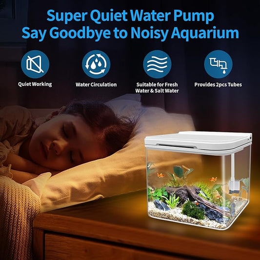 Small Fish Tank Kit 1.8 Gallon, Aquarium Starter Kit with Super-Quiet Water Pump, Dual Rain Filtration, Self Cleaning Function, Shatter-Resistant & Leak-Proof Base (White) Moonorange