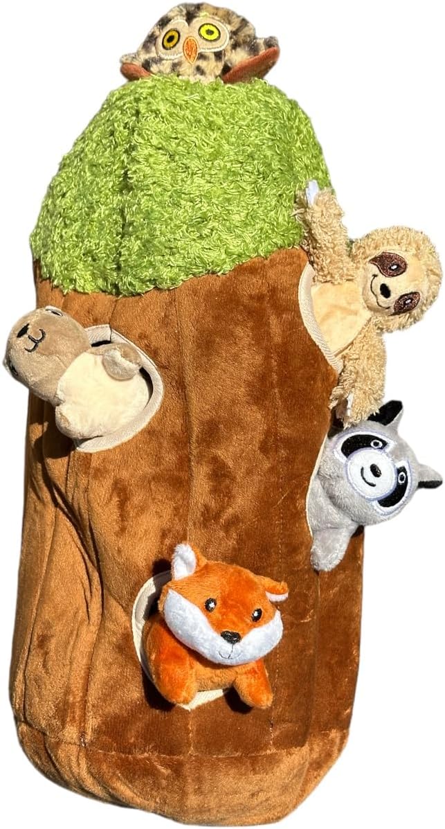 Raccoon in Tree Hide and Seek Dog Toy for Small and Medium Size Dogs, Plush Squirrel Inside Trunk Dog Toy with Squeaker, Interactive Burrow Dog Toy (Large Tree with Raccoon, Fox, Sloth, Squirrel, Owl) - PAWPICO
