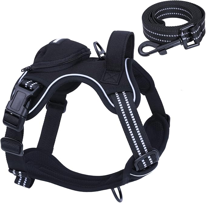 No Pull Dog Harness for Medium Dogs, Adjustable No Choke Pet Vest with Dog Leash Fit Smart Reflective Pet Walking Harness for Training Easy Control Soft Handle Black XL BUMBIN