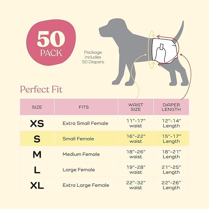Comfortable Female Dog Diapers - 50-Pack Super Absorbent Disposable Doggie Diapers - FlashDry Gel Technology & Wetness Indicator - Leakproof Diapers for Dogs in Heat, Excitable Urination, Incontinence - PAWPICO