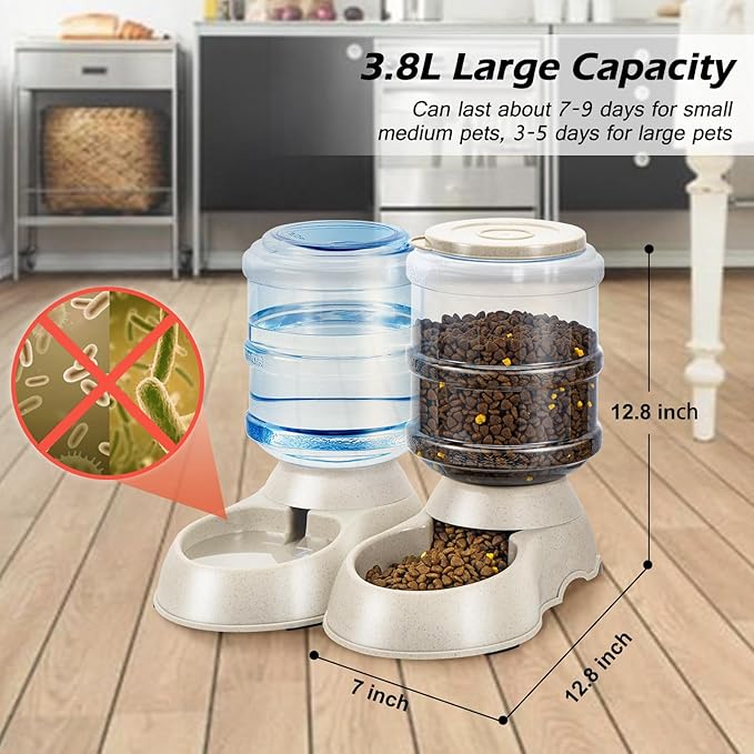 2 Pack Automatic Cat Feeder and Water Dispenser in Set Pet Food Bowl for Small Medium Dog Pets Puppy Kitten Big Capacity 1 Gallon x 2 (Cream) - PAWPICO