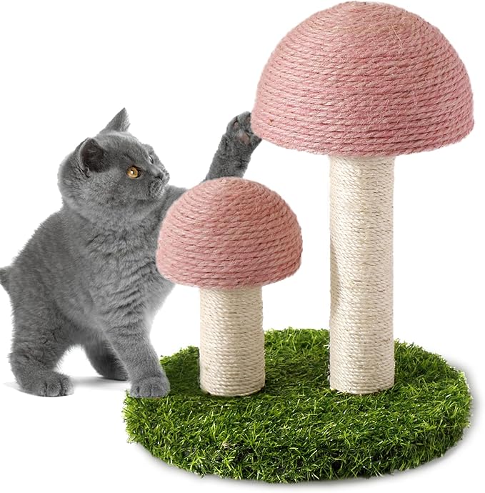 Cat Scratching Post - Mushroom Cat Scratcher Featuring with Natural Sisal Caps Scratch Pole and Sturdy Base for Kittens & Small Cats - Pink - PAWPICO