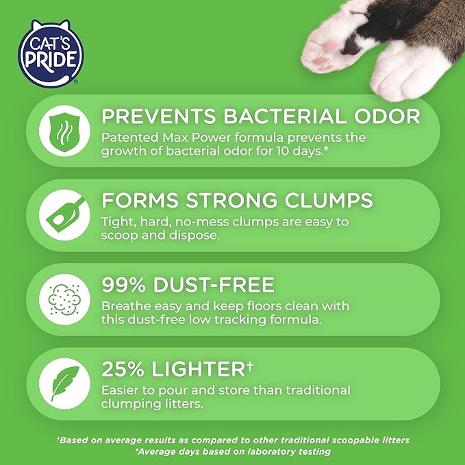 Cat's Pride Max Power: Bacterial Odor Control - Up to 10 Days of Powerful Odor Control - Strong Clumping - 99% Dust Free - Multi-Cat Litter, Fresh Scented, 15 Pounds - PAWPICO
