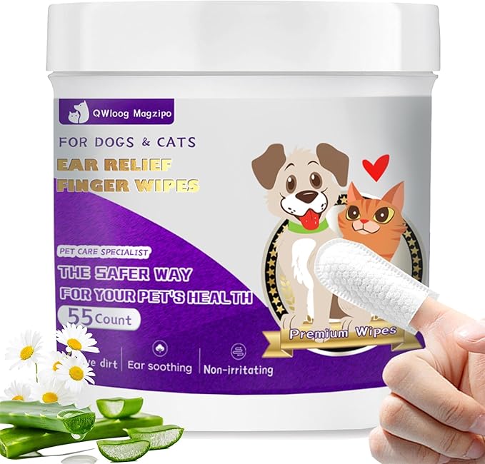 Dog Ear Finger Wipes for Dogs & Cats-Gently Remove Ear Wax,Ear Soothing and Cleaning,Natural ingredients-55 Count QWloog+Magzipo