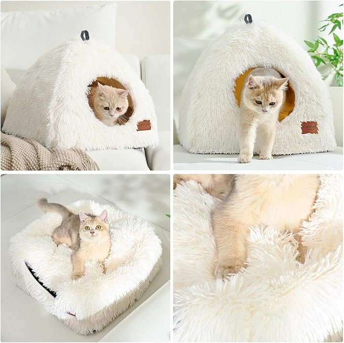 CATISM Cat Bed, Cat Cave for Indoor Cats, Soft Cat Dome, Self-Warming 2 in 1 Foldable Pet Cat House with Washable Cushioned Pillow Calming Fluffy Dog Beds for Small Dogs with Anti-Slip Bottom White - PAWPICO