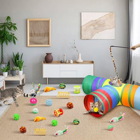 Malier Interactive Cat Tunnel Toys Set With Feather Toy, Crinkle Balls, and 3-Way Tube - Great for Kittens and Cats - PAWPICO