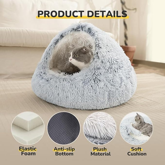 CATISM Cat Bed, Plush Hooded Cat Beds for Indoor Cats, Calming Cat Nest, Self Warming Cat Bed Cave, Cozy Cat Pod for Indoor Cat or Small Dog, Removable Washable Cat Cove with Non-Slip Bottom - PAWPICO