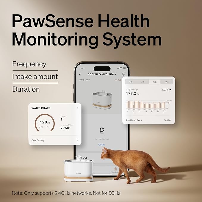PETLIBRO App Monitoring Cat Water Fountain, 2.5L/84oz Dockstream Pet Water Fountains for Cats Indoor, Automatic Cat Water Dispenser for Drinking with 2.4G Wi-Fi, Smart Fountain, Stainless Steel Tray - PAWPICO