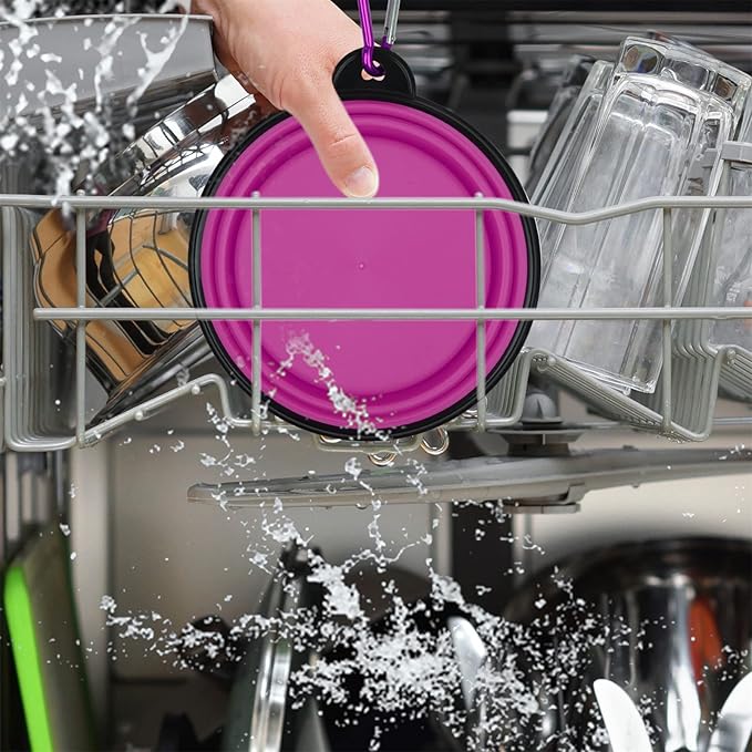Dog Bowl Pet Collapsible Bowls, 2 Pack Collapsible Dog Water Bowls for Cats Dogs, Portable Pet Feeding Watering Dish for Walking Parking Traveling with 2 Carabiners (Small, Pink+Purple) - PAWPICO