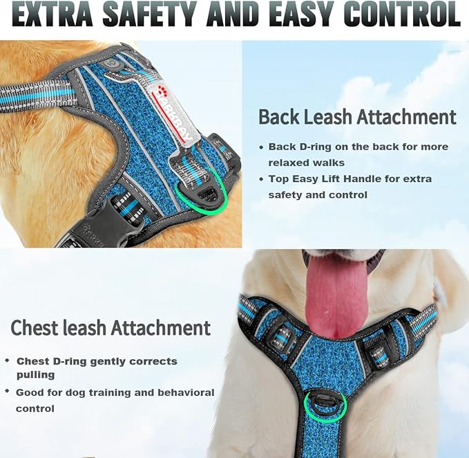 BARKBAY No Pull Dog Harness Large Reflective Dog Harness with Front Clip and Easy Control Handle for Walking Training Running with ID tag Pocket(Blue/Black,L) BARKBAY