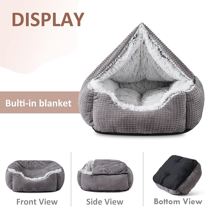 MIXJOY Dog Beds for Large Medium Small Dogs, Rectangle Cave Hooded Blanket Puppy Bed, Luxury Orthopedic Cat Beds for Indoor Cats, Warmth and Machine Washable (30 inches, Grey) - PAWPICO