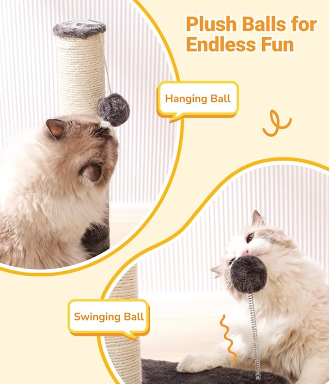 Happi N Pets 34“ Tall Cat Scratching Post for Big Cats, Natural Sisal Cat Scratchers for Indoor Cats, Heavy Duty Cat Stands Featuring with Cat Self Groomer and Hanging Toys, Free Catnip-Gray - PAWPICO