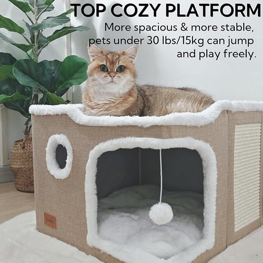 Large Cat Bed for Indoor Cats, Foldable Adult Cat Cave Anti Anxiety Cat House Cube with Scratch Pad Cat Towers, Cute Kitten Condo Hideaway Hut with Soft Pillow Mat for 2 Pets Under 30 lbs Kaki - PAWPICO