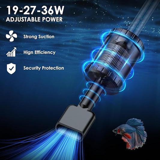 36W Fish Tank Vacuum Gravel Cleaner Electric: Aquarium Vacuum Gravel Cleaner with Strong Suction for Automatic Water Change Algae Cleaner Sand Wash Water Circulation and Water Shower, Timed Off Suness