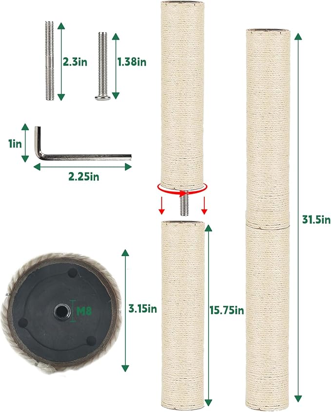 BNOSDM M8 15.75”x3.15” Replacement Scratching Post for Cat Tree Tower Rope Scratch Poles Refill 4 Pcs Natural Sisal Pole Part for Refurbishment Hemp White - PAWPICO