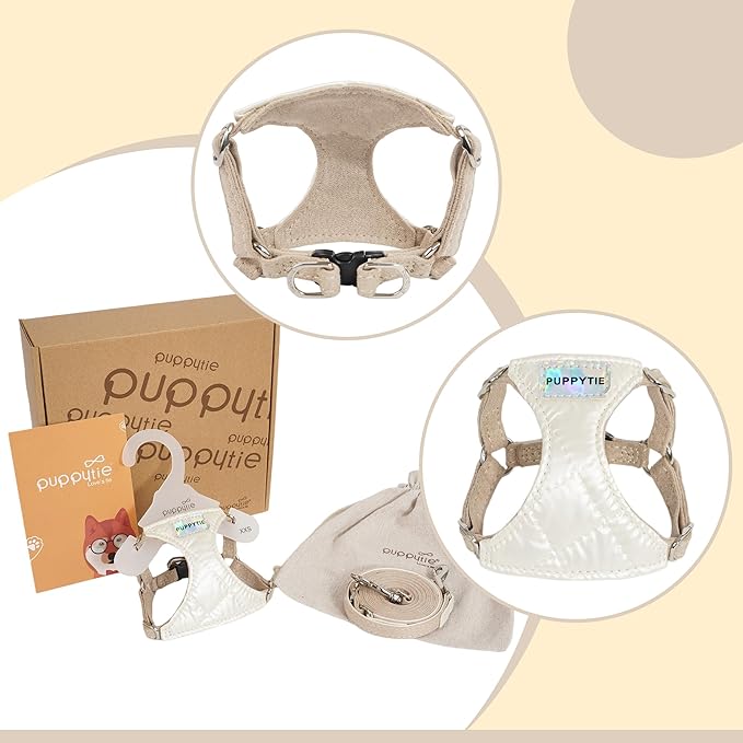 Puppytie No Pull xs Dog Harness with Multifunction Dog Leash,Soft Adjustable No Choke Escape Proof Pet Harness Vest,Glossy Pearl White,XXS Puppytie