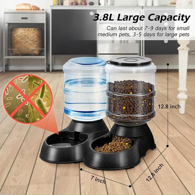 2 Pack Automatic Cat Feeder and Water Dispenser in Set Pet Food Bowl for Small Medium Dog Pets Puppy Kitten Big Capacity 1 Gallon x 2 (Dark Black) - PAWPICO