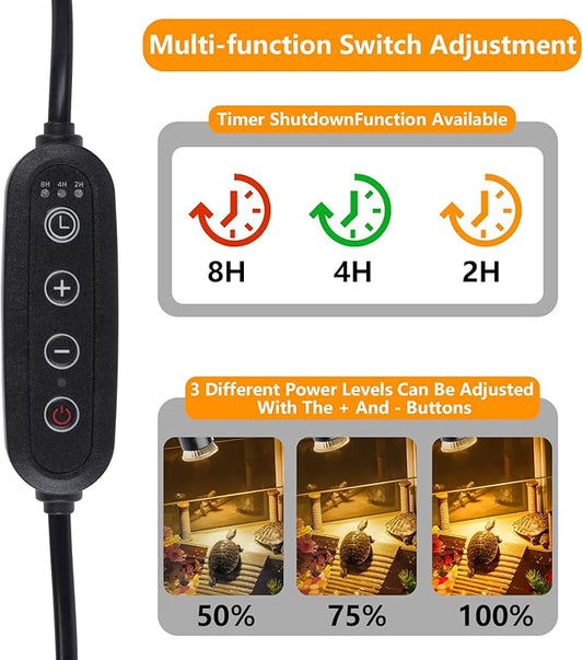 Turtle Basking Light (Cycle Timer), Tortoise Lamp UVA UVB Heat Bulbs -2 Pack 50W, 360°Rotatable Turtle UVA/UVB Basking Heat Light Bulb for Lizard, Beared Dragon REPTIHOME