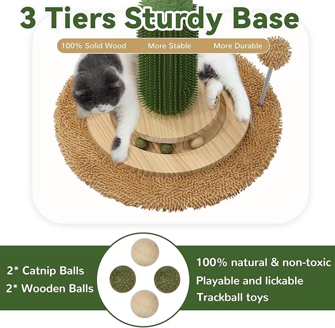 OTOB 36" Tall Cat Scratching Post, Natural Sisal Rope Cactus Scratcher Post, Vertical 6-in-1 Interactive Turntable Cat Scratch Post with Soft Ball Toys, Protect Your Furniture for All Indoor Cats - PAWPICO