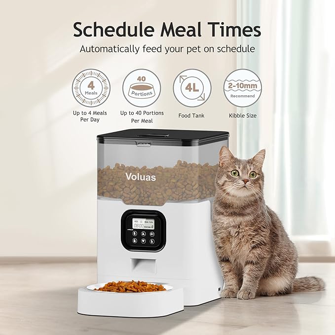VOLUAS Automatic Cat Feeders - Dry Food Dispenser with Timer, Desiccant Bag, Programmable Portion Size Control 4 Meals Per Day, 10s Voice Recorder - PAWPICO
