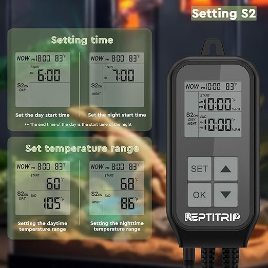 Reptile Thermostat, Reptile Light Timer for Temperature and Lighting Control, Day-Night Timer Thermostat with Reptile Thermometer for UVB Light, Heat Lamp, Heating Pad, 10A 1250w REPTITRIP