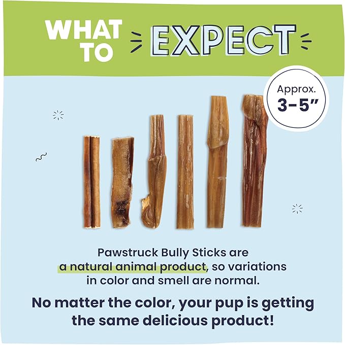 Pawstruck Natural 3-5" Bully Sticks for Small Dogs & Puppies – Single Ingredient, Low Odor & Rawhide-Free Chew Treat Bones - 100% Real Beef No Artificial Preservatives - 8 oz Bag - Packaging May Vary - PAWPICO