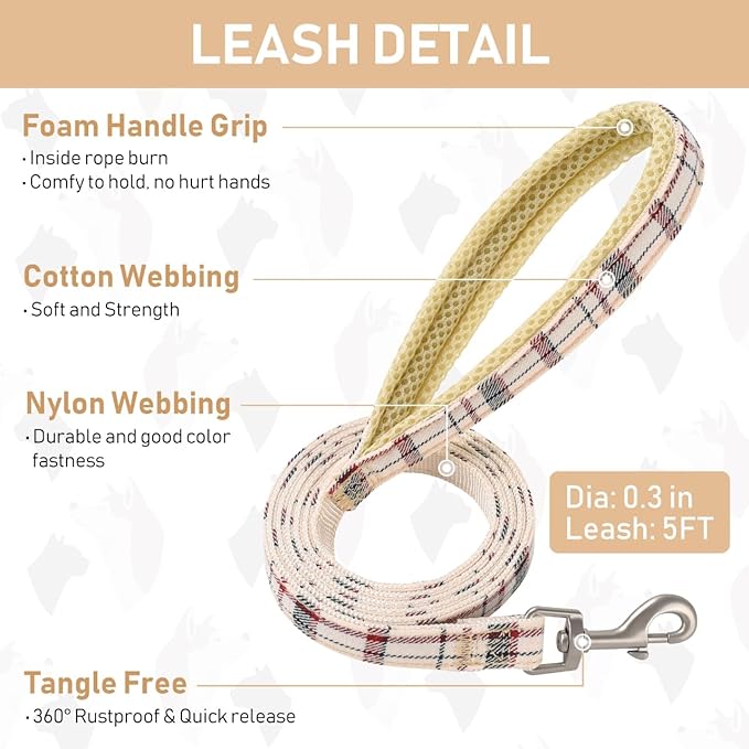 GAMUDA Small Dog Harness Collar and Leash Set, Step in No Chock No Pull Soft Mesh Adjustable Dog Vest Harnesses Plaid Reflective for Dogs Puppy Cats Kitten Rabbit (Beige, XL) GAMUDACollarsCollection